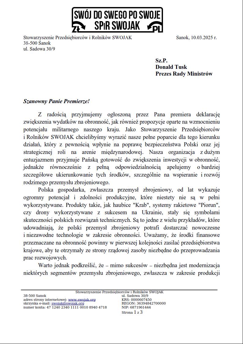 Letter from the Association of Entrepreneurs and Farmers SWOJAK: Yes to expanding  defence  spending