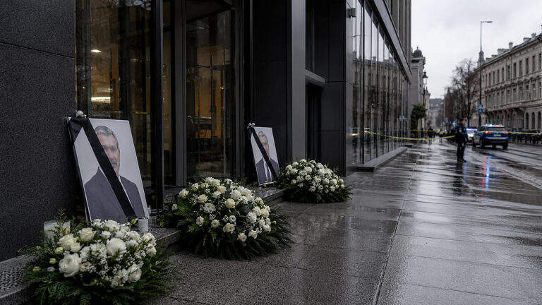 Wieńce i zdjęcia dyrektorów przed firmami na Litwie i w Czechach